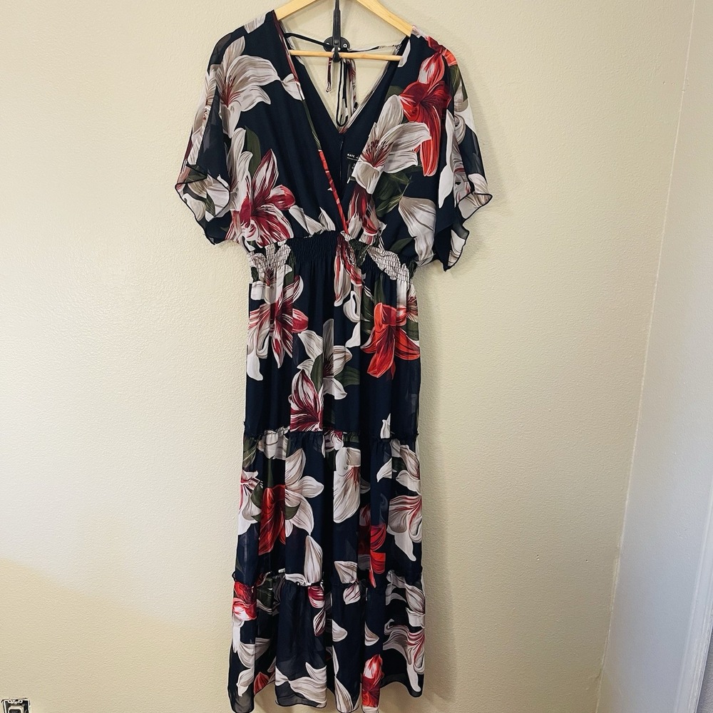 Kate & Lilly Dark Romantic Floral Maxi Dress Flutter Sleeve Black Red Size 2X‎